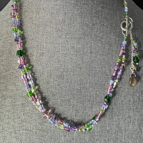NEW Springtime Green Purple Blue & Pink Beads & Silver Tassel 2-Strand Necklace - Picture 5 of 7